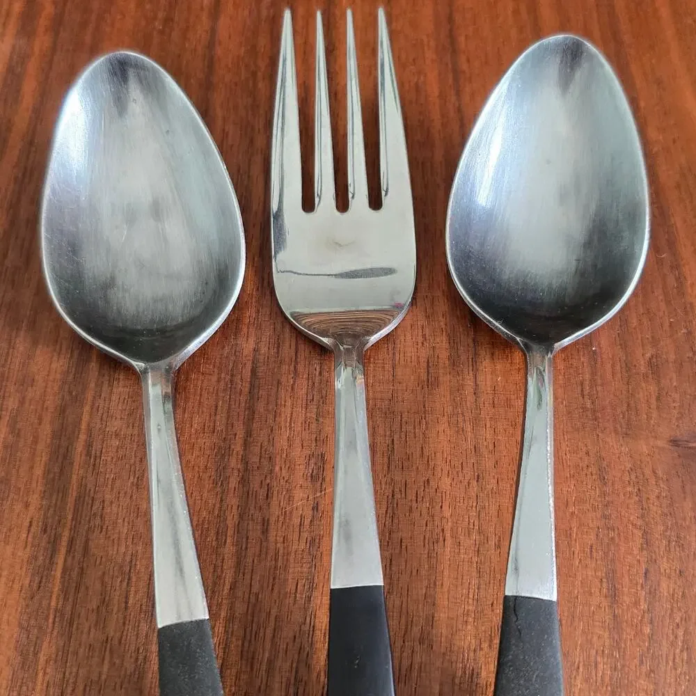 Vintage Kingston Stainless Serving Meat Fork Spoons Japan Flatware Black Canoe